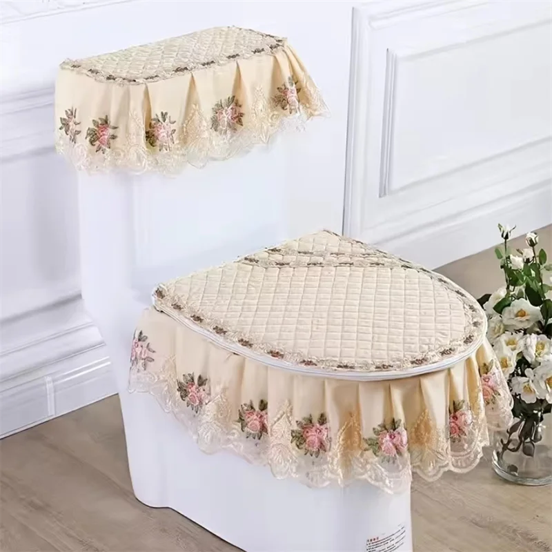 Four-season Universal Toilet Ring Cover Vintage Court Style lLace Fabric Toilet Cushion 3 PCS Zipper Type Home Toilet Seat Cover