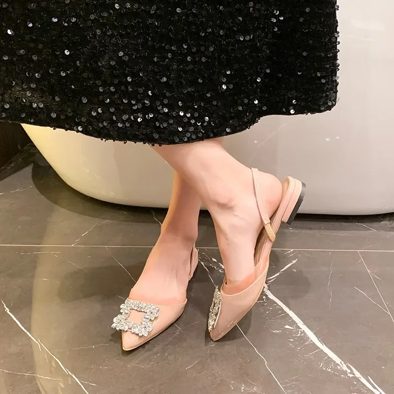 Stiletto Sandals Women's Back Empty New Pointed Toe Shallow Slip Rhinestone Buckle Kitten Heel Strap Baotou High Heels
