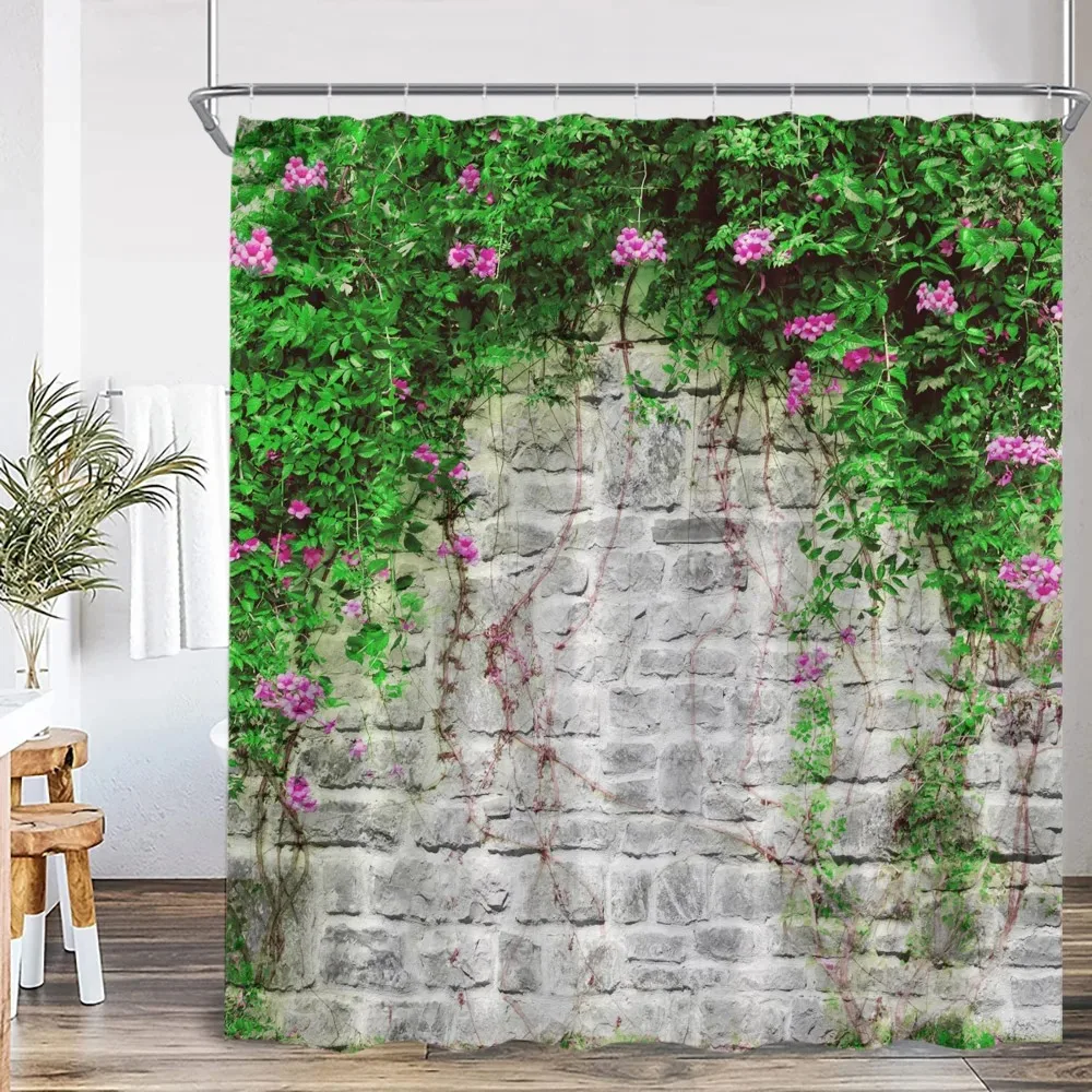 Green Vine Vintage Stone Brick Wall Shower Curtains Set Natural Plants Leaves Flowers Polyester Fabric Bathroom Decor with Hooks