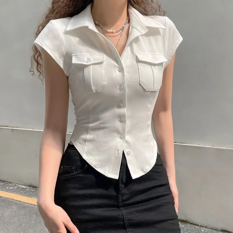 Fashion Sweet Young Style Design Exposed Navel Spicy Girl Shirt Women Solid Lapel Button Patchwork Pocket Slim Short Sleeved Top