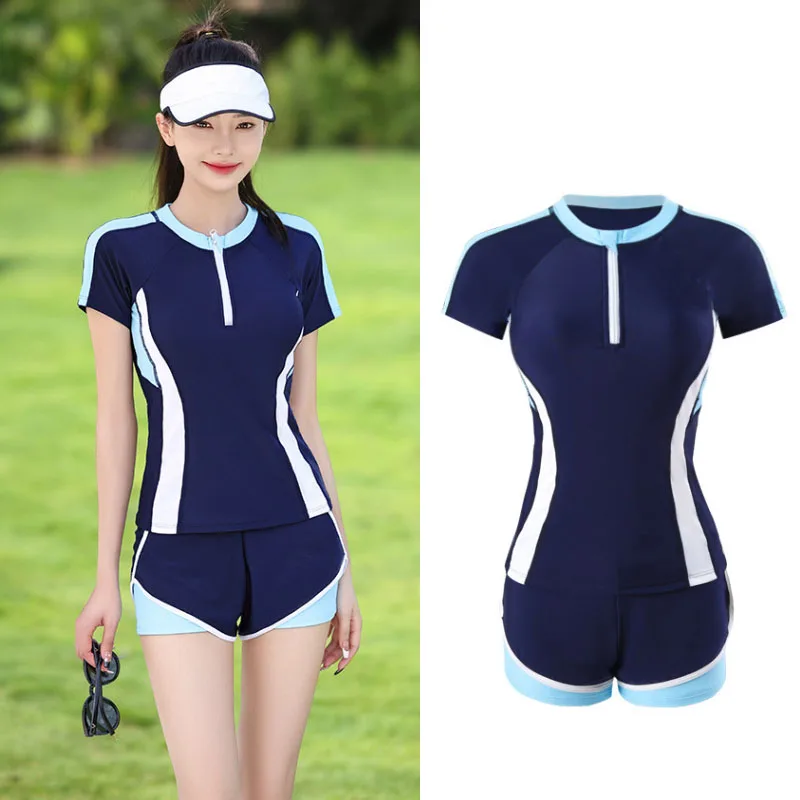 

Women One Piece Modest Swimsuit Boyshort Short Sleeve Rashguard Color Block Snorkel Surf Swim Suit Sport Athletic Bathing Suit