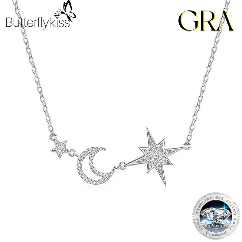 

Butterflykiss Fashion 925 Silver Trend Luxury Moissanite Classic Star Moon Necklace Charm Women Accessories Party Jewelry Gift