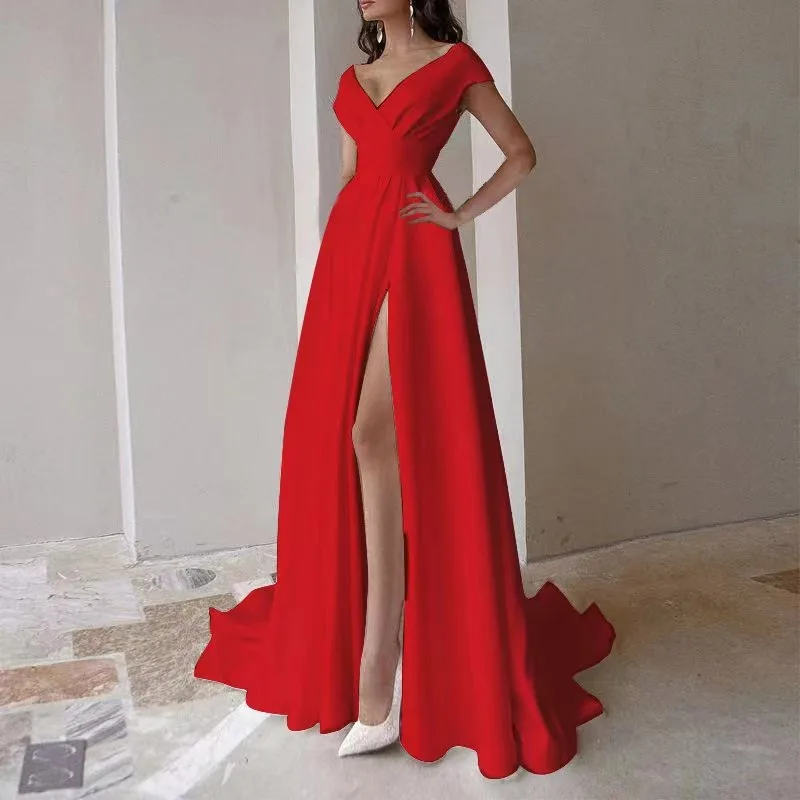 Vestido longo sem alças com decote em v, vestido formal de noite, cor sólida, princesa, midi, para mulheres, escritório para festa