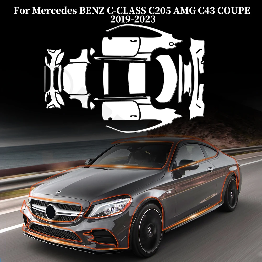 لمرسيدس بنز C-CLASS C205 AMG C43 كوبيه 2019-2023 طبقة حماية الطلاء من البولي يوريثان جسم السيارة حمالة صدر شفافة قبل قطع PPF طقم مضاد للخدش #1