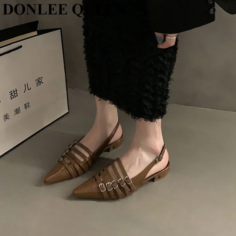 2023 New Fashion Pointed Toe Flat Heels Sandals Women Female Mule Slip On Slide Brand Narrow Band Ankle Strap Ladies Shoes Mujer