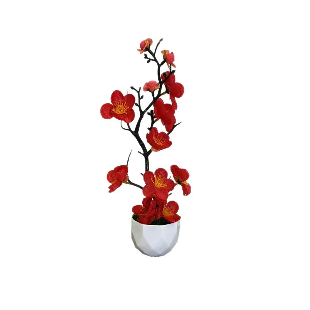 Rote Künstliche Pflaumenblüten-Topfpflanze Kleiner Mehrblüteniger Künstlicher Winterblüten-Bonsai mit Weißem Kunststofftopf – Detail 4