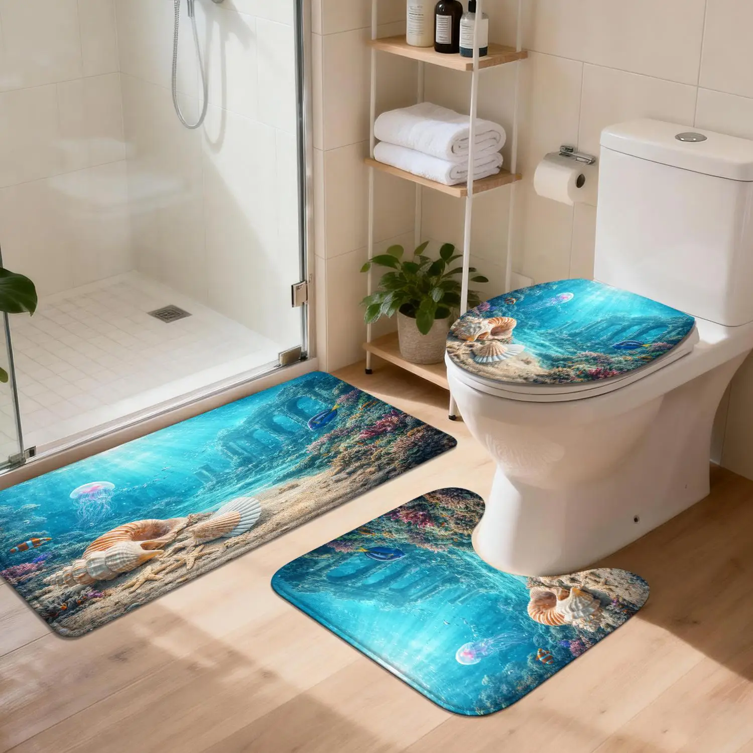 

Набор из 3-х ковриков для ванной комнаты с изображением подводного мира, нескользящие, мягкие, для туалета, раковины, ванны, домашнего декора
