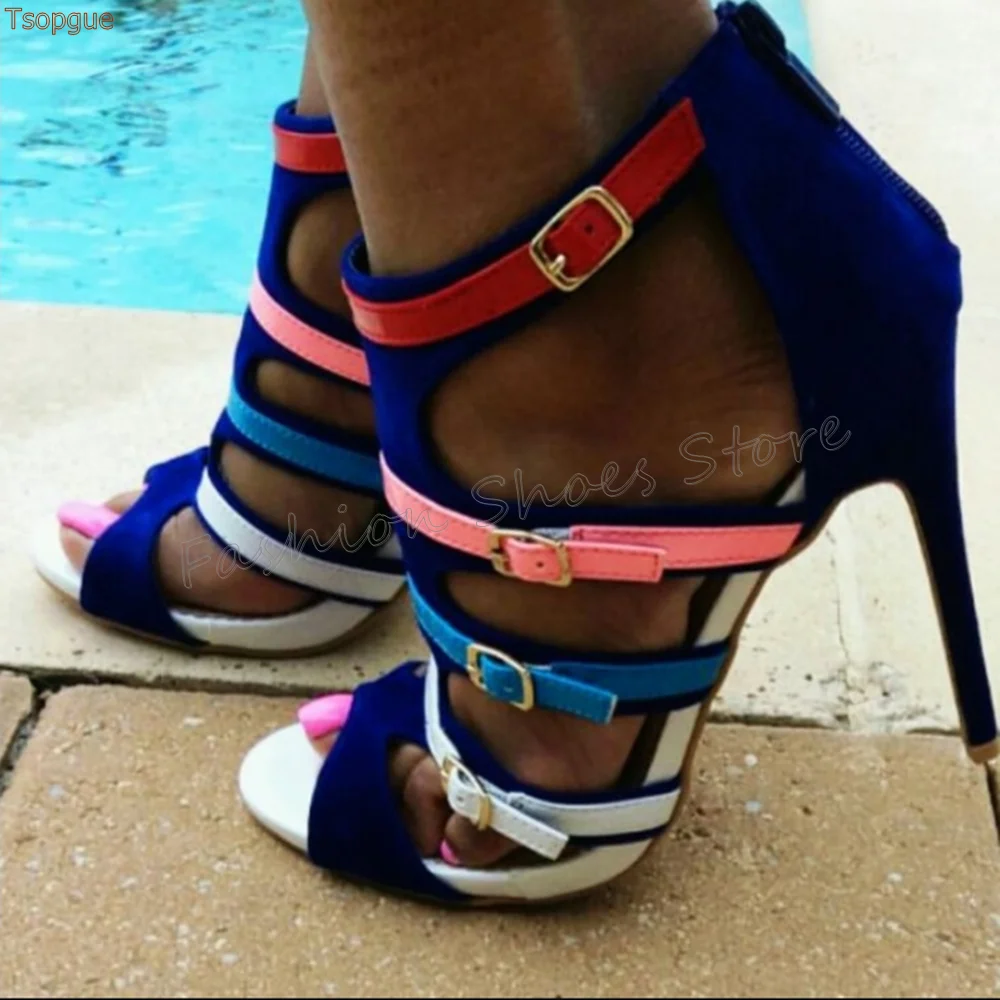 

Mixed Color Buckle Decor Back Zipper Sandals Open Toe Thin High Heels High Heel Shoes for Women Heels 2025 New Zapatos Para Muje