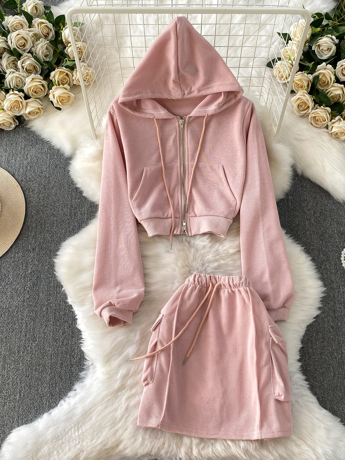 

Casual Sportswear Zipper Hooded Open Cardigan Women's Gentle Pink Top High Waist Anti-Light ort Skirt Two-Piece Set