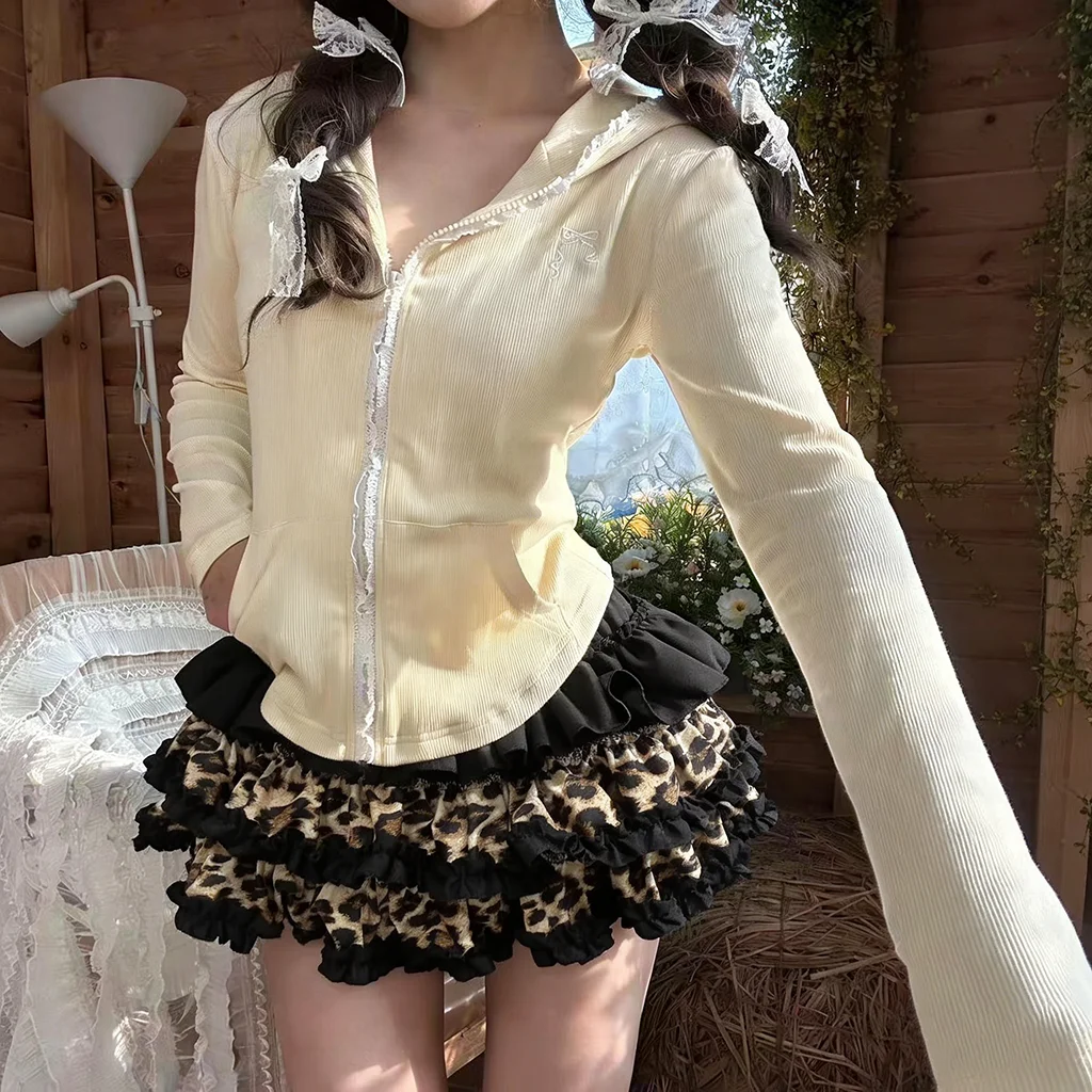 English: Sweet Cool Goth Leopard Print Cake Skirt High Waist Slim Tiered Ruffle A-Line Mini Skirt Women Streetwear Tutu Skirt