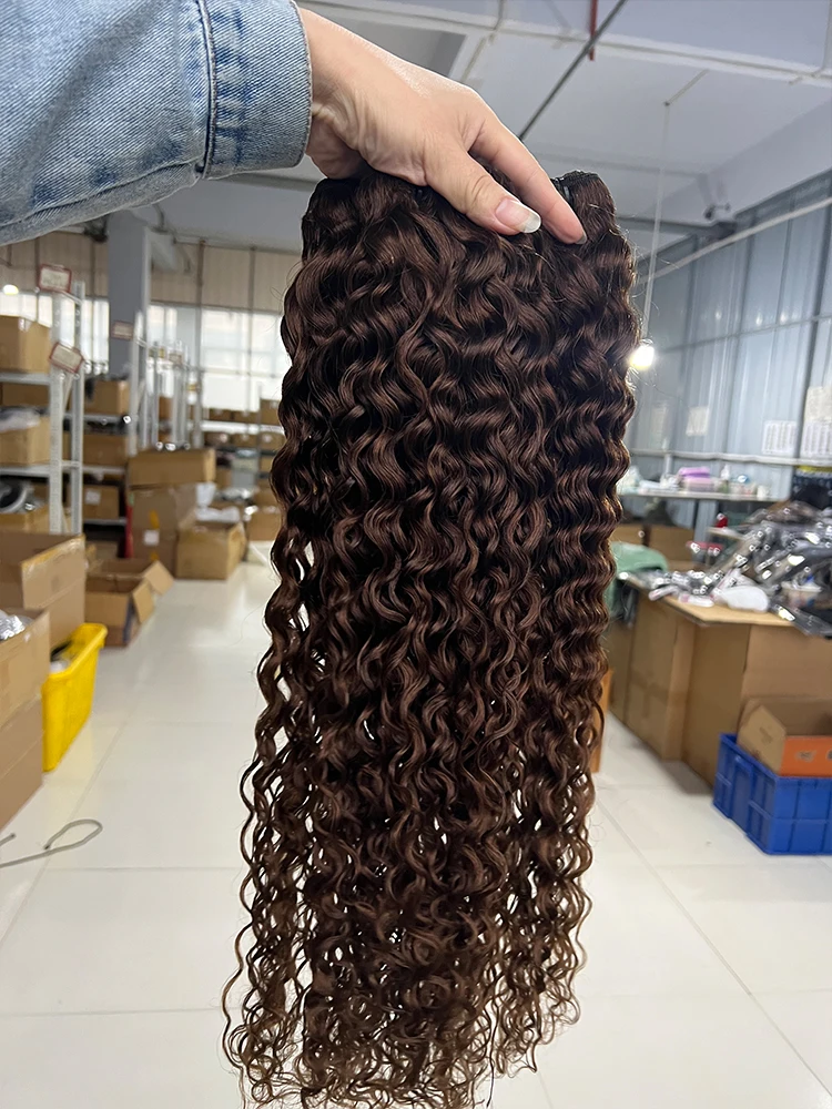 # 4 الشوكولاته براون موجة المياه عابث مجعد 10-30 بوصة حزم الشعر البشري موجة مجعد عميق بيرو عذراء الشعر الخام خياطة في حزم #4