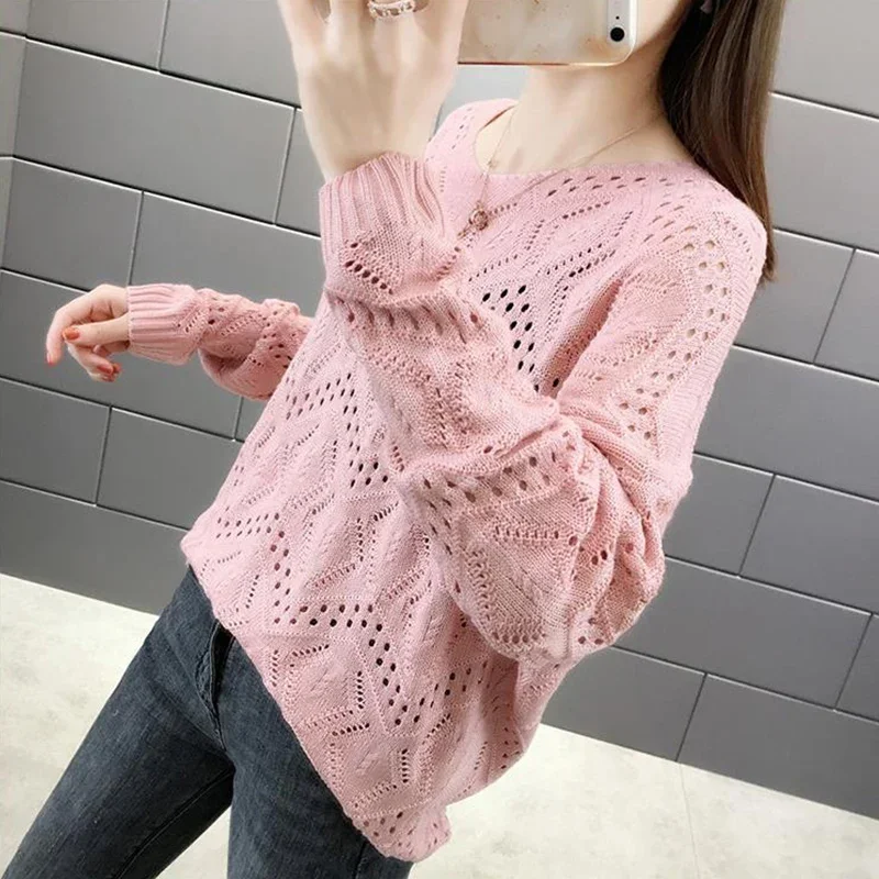 Spring Autumn Korean Style Sweet Solid V-neck Hollow Out Jumper Women Elegant Fashion All-match Pullover Sweater Female Clothes