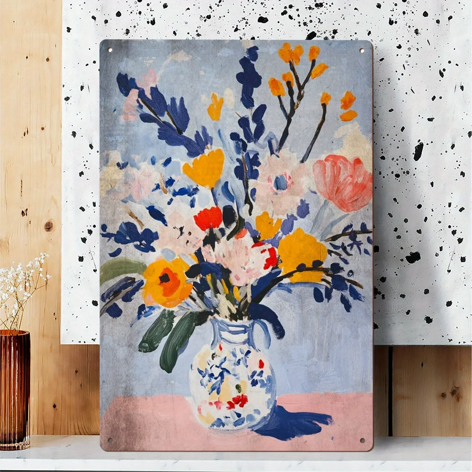 Panneau metallique Floral de Style Matisse، 1 قطعة، جدارية فنية عتيقة تدفع الفرنسية avec الخزامى vibrantes dans un Vase، #1