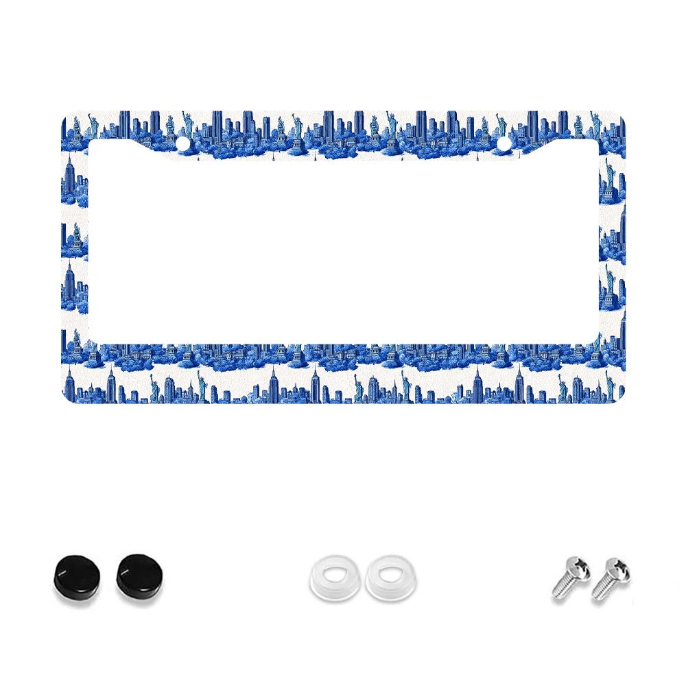 

1pc Blue Cityscape Pattern 2-Hole License Plate Frame, Aluminum Material, 6x12 Inches, with Screw Kit, Retro Novelty Car Decora