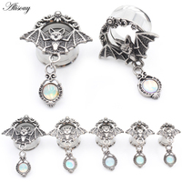 Alisouy 2PCS Stainless Steel Bat Round Opal Pendant Ear Tunnels Plugs Expander Stretcher Gauge Earrings Piercing Body Jewelry