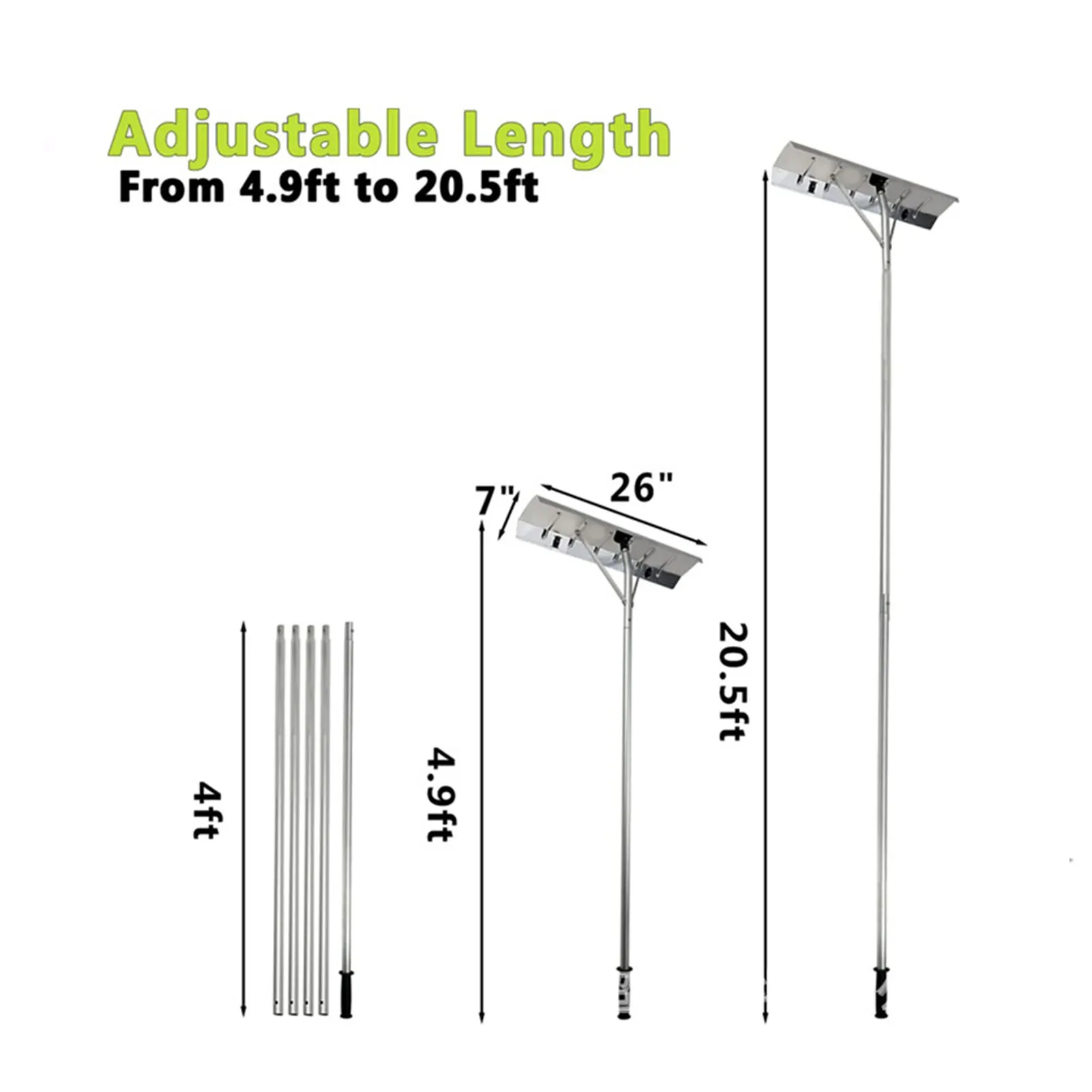 Snow Roof Rake Adjustable Length Snow Rake For House Roof Aluminum Snow Removal Rake with Wheel Ice Debris Removal Tools