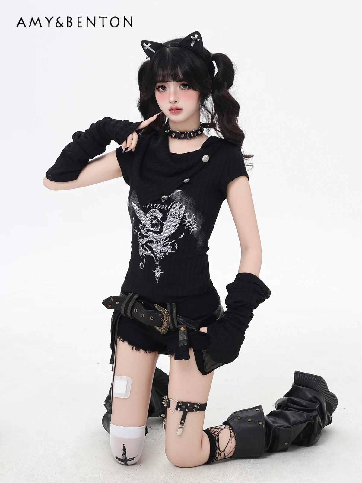 American Retro Spice Girl Leather Belt Do Old Washed Jeans Summer New Punk Style Subculture Y2K Shorts Women Goth Womens Shorts