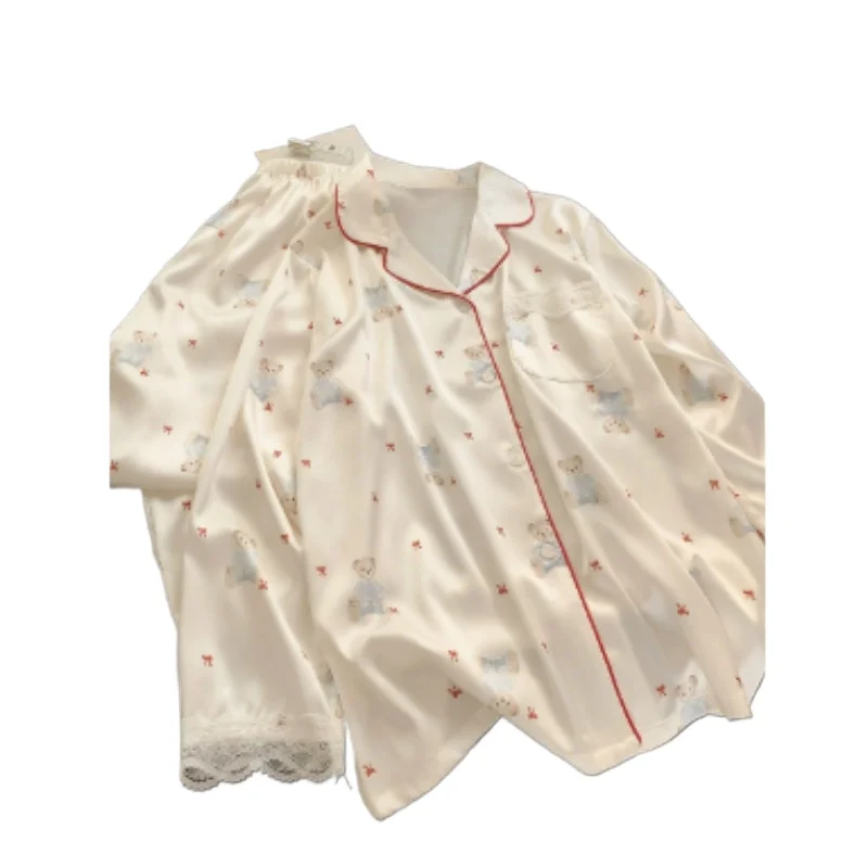 

Two-piece Pajamas Women's Summer Long-sleeved Suit High-end Simulation Silk Loungewear Cartoon Cute Outer Wear Cross-border