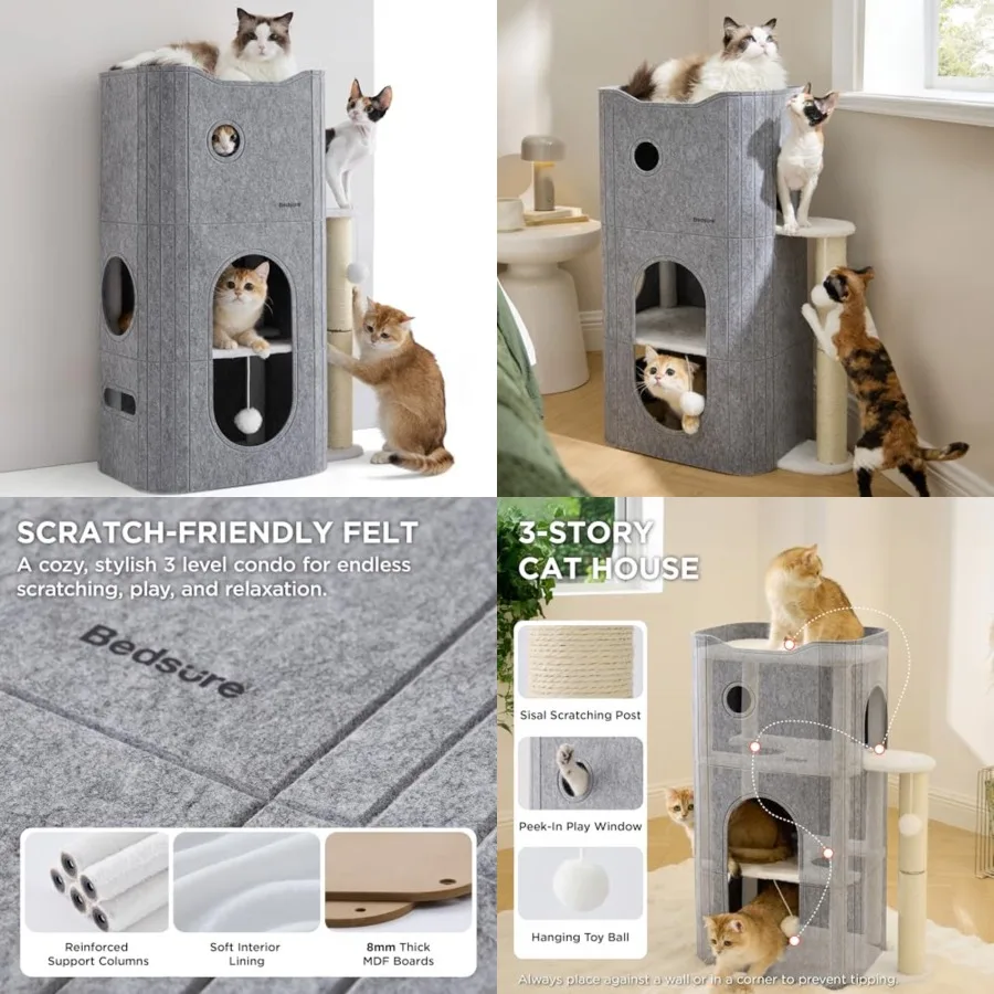 

Indoor Cat Bed- Cat Condos Small Cat Tree for Multiple Kitties to Play Sleep, Hideaway Cave, Fluffy Ball, Scratching Post, 22.5