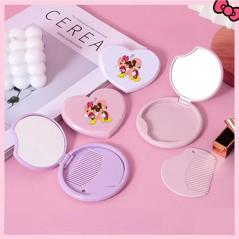 مرآة مكياج صغيرة مستديرة قابلة للطي من ديزني ميكي ميني، مرآة جيب لطيفة للسفر، مرآة على شكل قلب للنساء مع مشط هدية عيد ميلاد #5