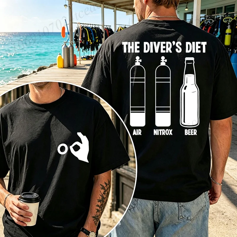 The Diver's Diet T-Shirt Funny Scuba Diver Beer Graphic Tees Oversized Unisex Summer Beach Sports Casual T-Shirt Diver Gift Tops