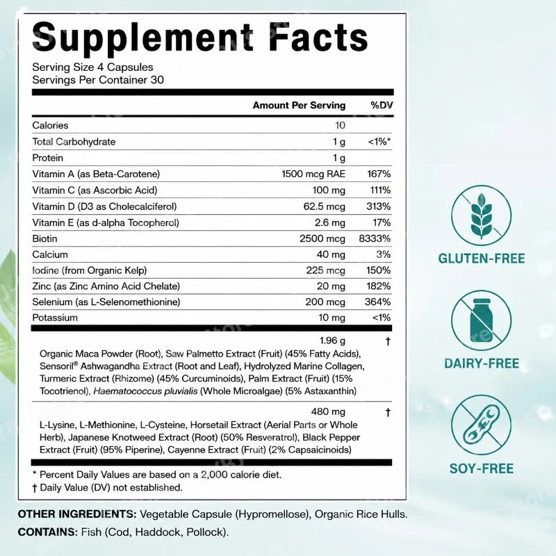 Daily Hair and Scalp Nutrition Capsules for Women Minerals & Herbal Blend — Biotin,Vitamin A,C,D3,E, Zinc & Selenium 120 Count