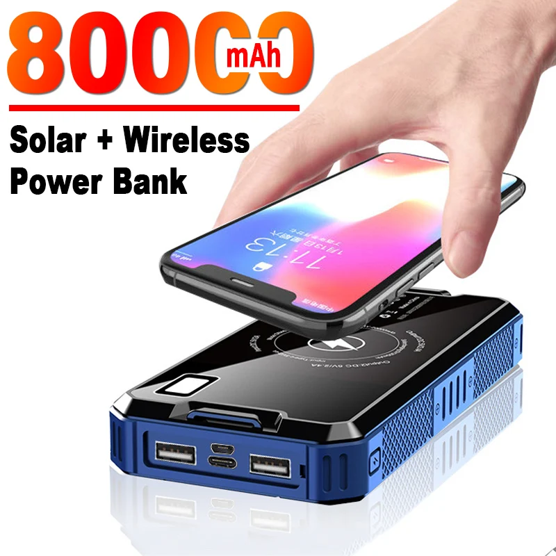 Top! 80000mAh Solar Wireless Power Bank High Capacity Portable External Battery with LED Flashlight Outdoor Travel for IPhone