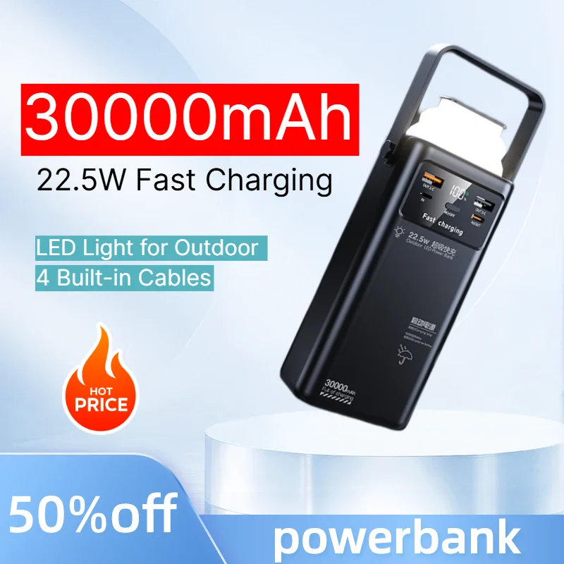 PowerBank 30000mAh 22.5W Fast Charging Power Bank 4 Built-in Cables LED Light Portable Charger For Outdoor Phone