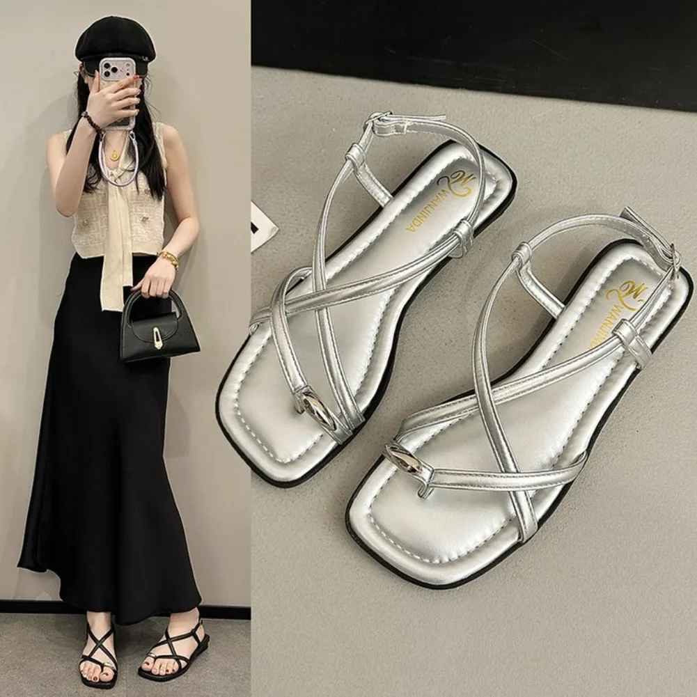 Summer Women Cross Strap Sandals Metal Clip Toe Adjustable Ankle Buckle Shoes Ladies Comfort Low Heel Beach Vacation Sandalias