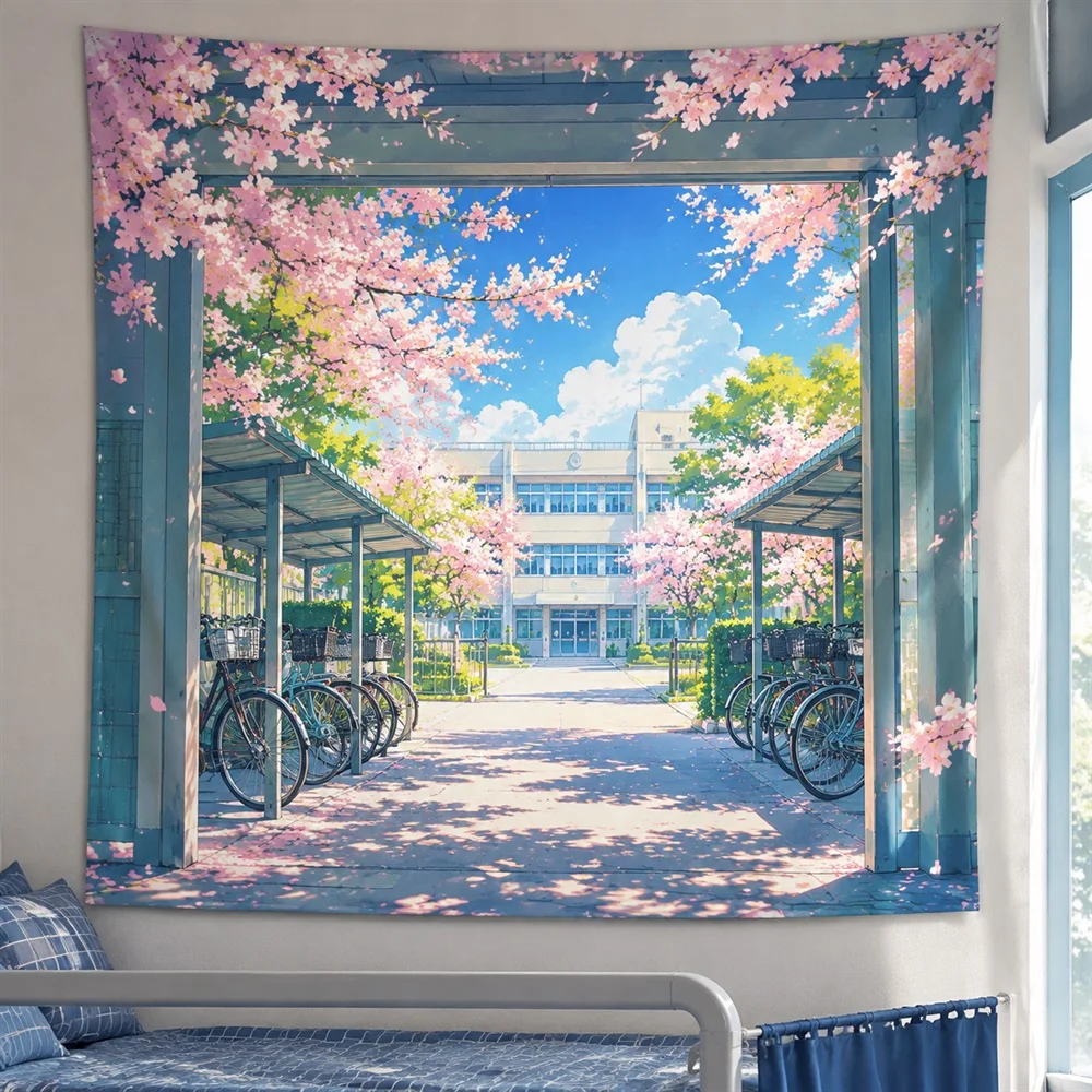 VIKAMA School Gate Bicycle Anime Tapestry Wall Hanging, Anime Wall Decor Tapestries for Bedroom Study Living Room Entryway