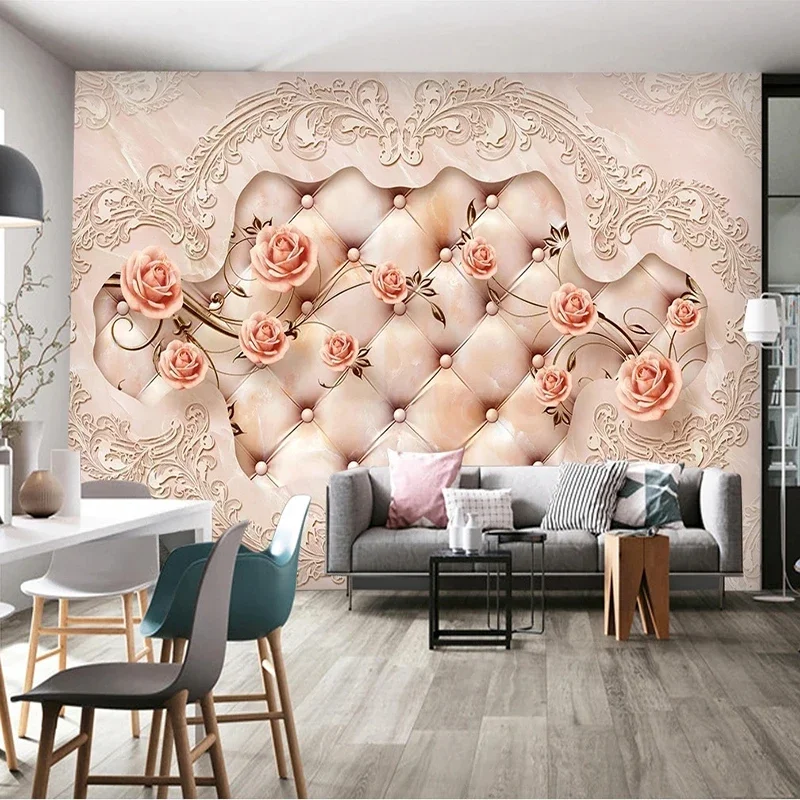 Custom Luxury Marble 3D Soft Package Flowers Wall Cloth Wallpaper For Living Room Background Wall Home Decor Mural  Papier Peint