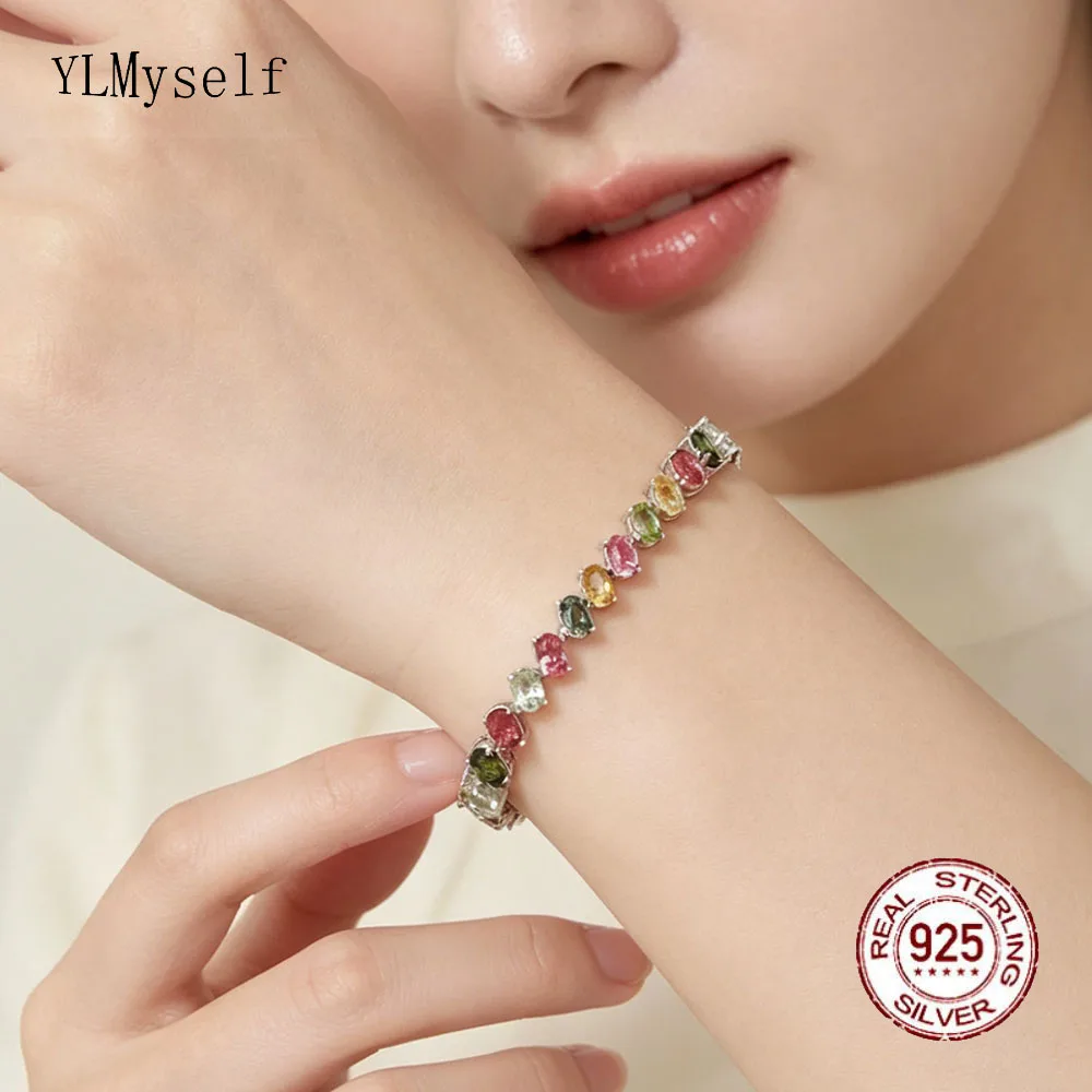YLMyself 925 Silver Bracelet Natural Tourmaline Oval 4x6mm Rainbow Tennis Chain Jewelry