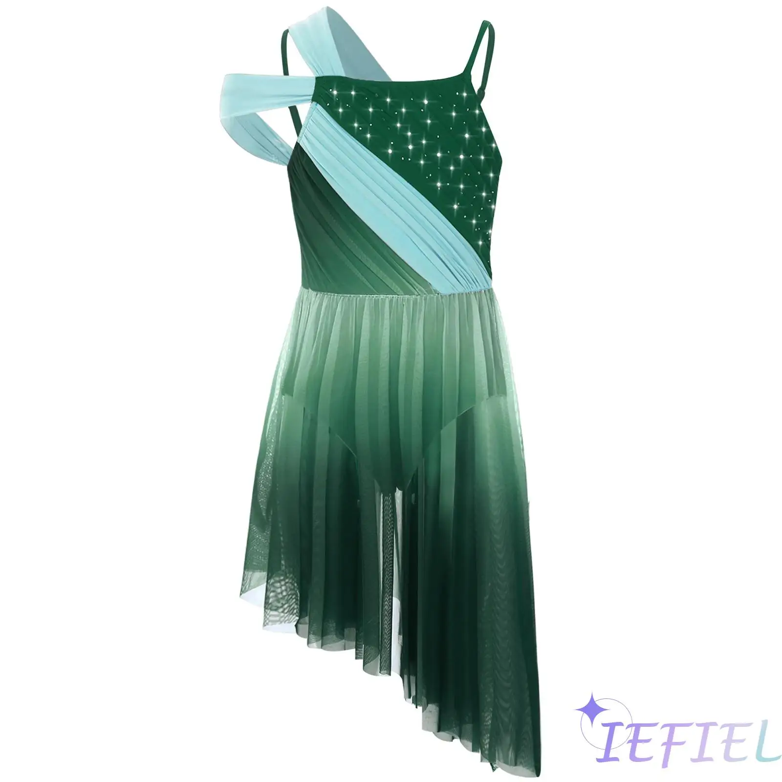 

Girls Gradient Asymmetrical Lyrical Dance Dresses Sleeveless Shiny Rhinestones Sheer Mesh Dress for Figure Skating Performance