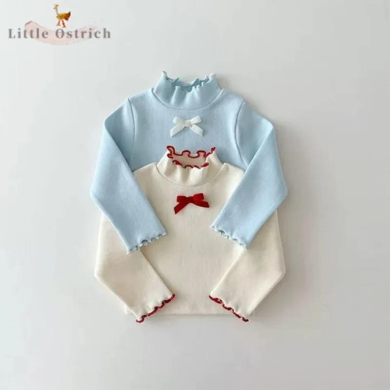 Newborn Baby Girl Cotton Bow High Collar Ruffle T-shirt Child Solid Long Sleeve Bottoming Pullover Spring Autumn Clothes 9M-5T