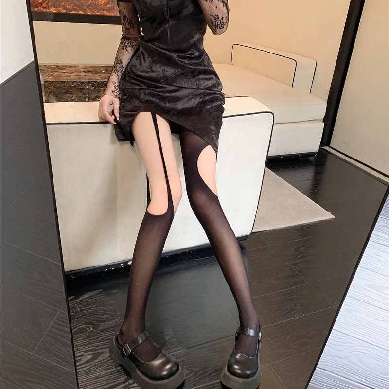 Women Sexy Asymmetric Suspender Tights Female Black Summer Hollow Out Silk Stockings Stretch Long Socks Mesh Suspender Socks