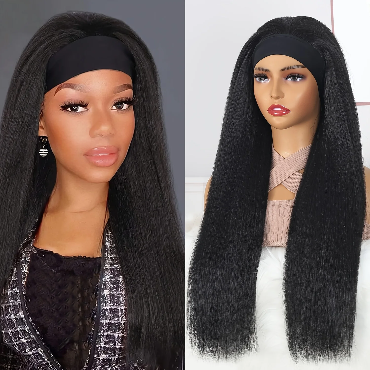 

Long Straight Hair with Hairband, Yaki Long Straight Synthetic Wig, Suitable for Women's Daily Wear