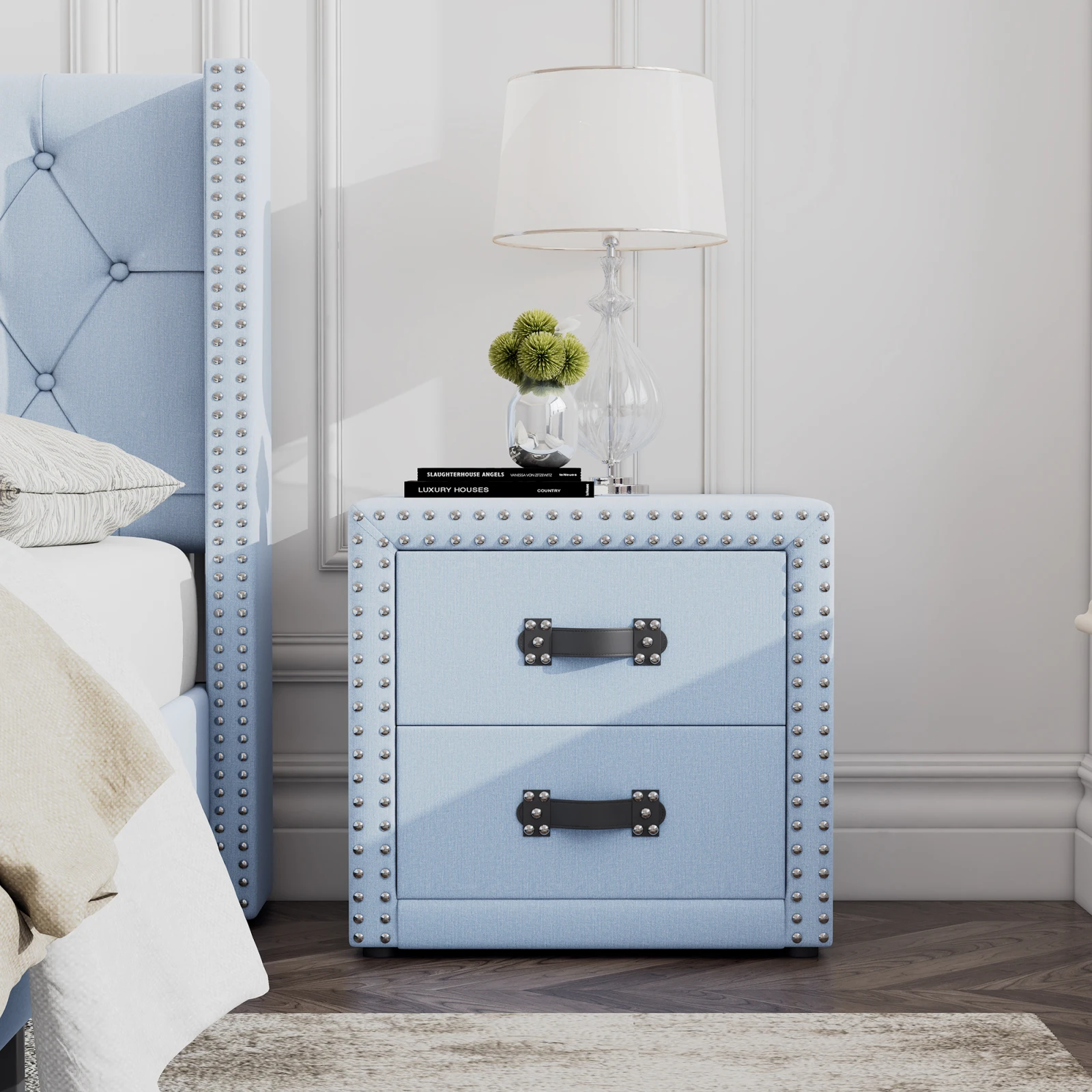 Bedside table with 2 drawers, with double row of rivets,storage space in the living room and bedroom, modern sofa table, linen