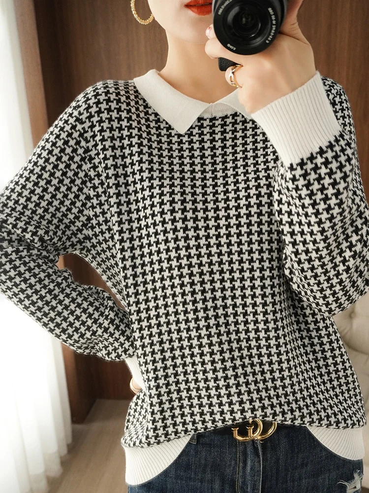 Early Autumn Women 100% Cotton Houndstooth Pattern Knit Sweater O-Neck Pullover Bottoming Sweater Comfortable Breathable Clothes