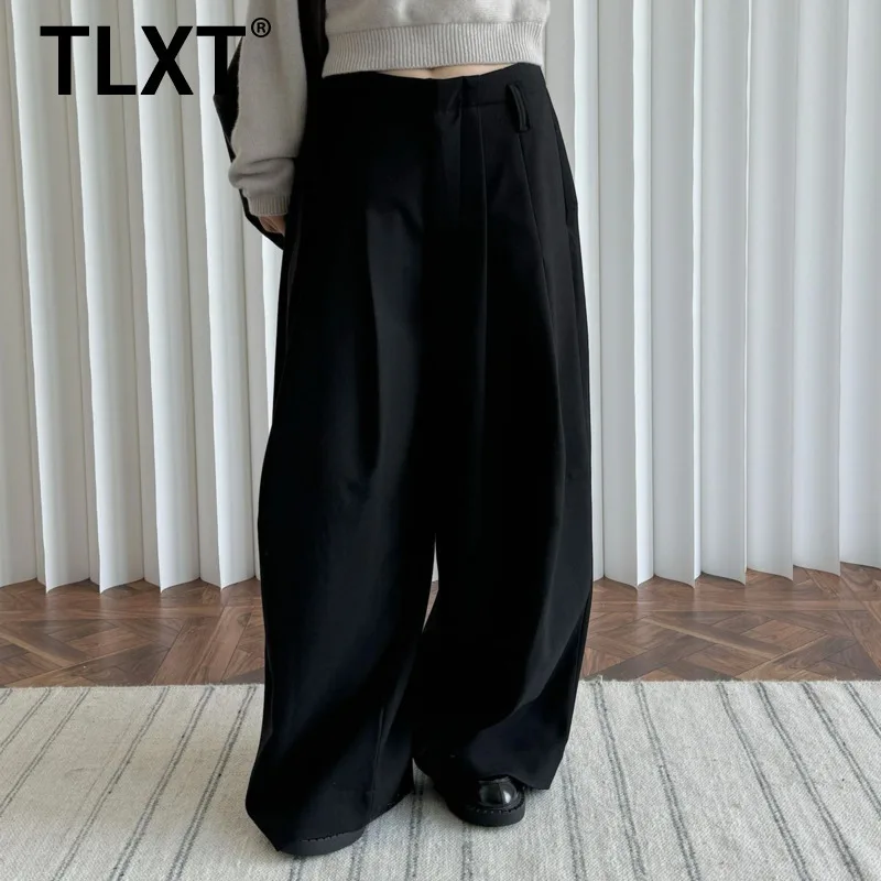 

TLXT Elegant Women's Office Lady Pleated High Waist Straight Wide Leg Trousers Fleece-lined And Thickened Pants Female 2025 New