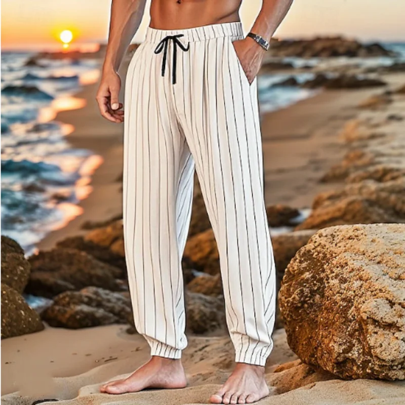 

Men's Striped Linen Blend Beach Pants Elastic Waist Drawstring Casual Trousers