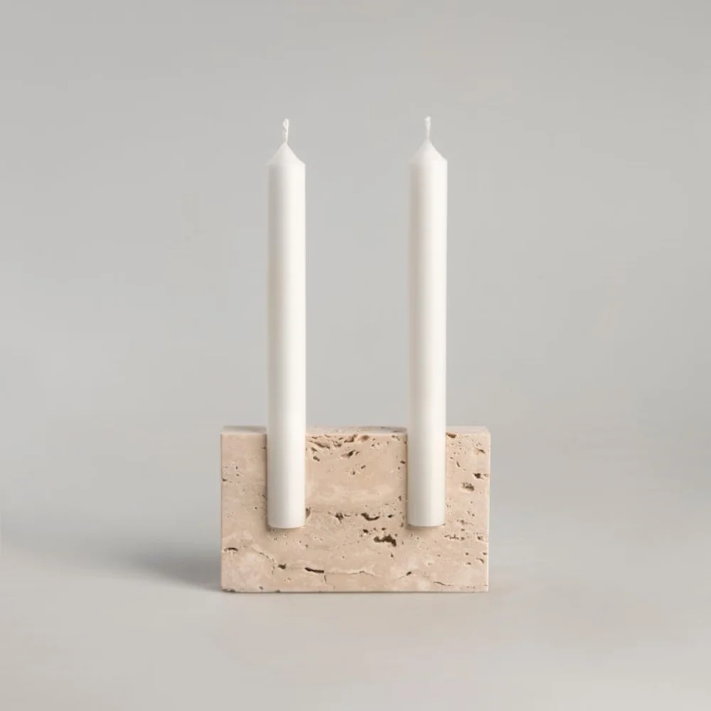 12x8x3cm Nordic Home Religious Decorative Natural Stone Beige Red Travertine Marble Candle Stick Candlestick Stand Holder