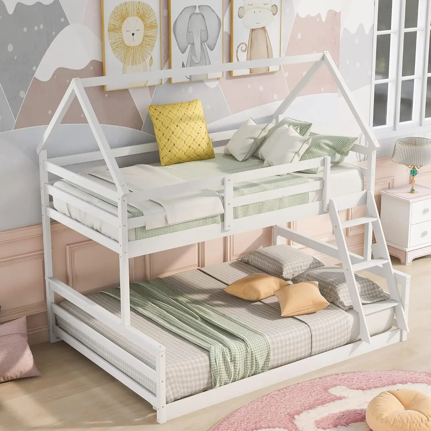 Wood Bunk Bed with Ladder Twin Over Full,Montessori Low Bunk Bed for Boys, Girls Space-Saving,No Box Spring Needed White