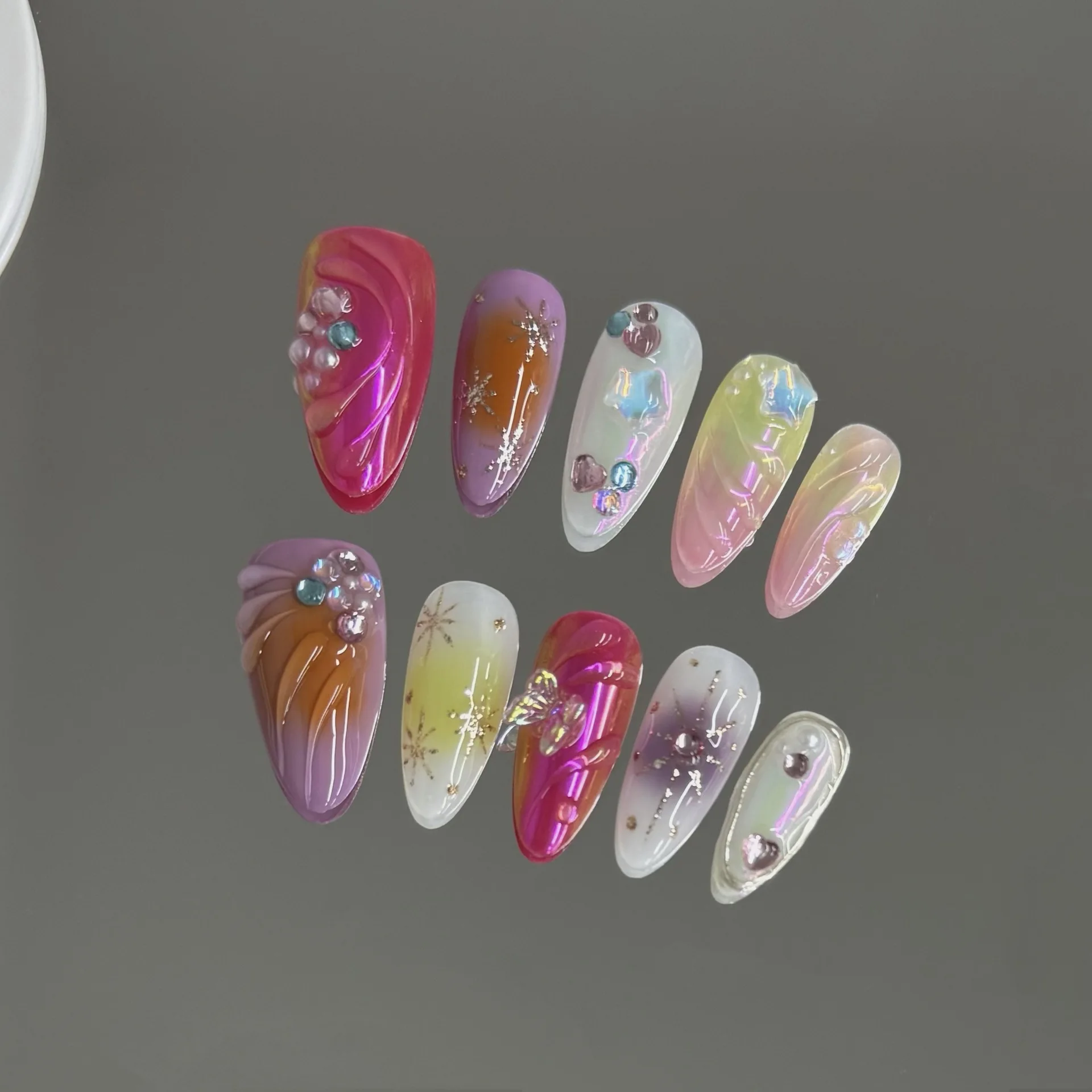 

10pcs Handmade Press on Nails Sweet Cool Aurora Butterfly Star Fake Nails Tips Detachable Summer Spice Girls Almond False Nails