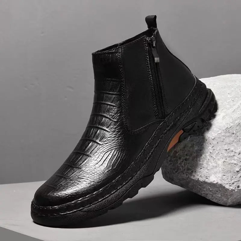 

2024 Men's Autumn Winter High Top Leather Boots Thick Sole Non Slip Flat Sole Plush Warm Zippers Cotton Boots Ankle Boots