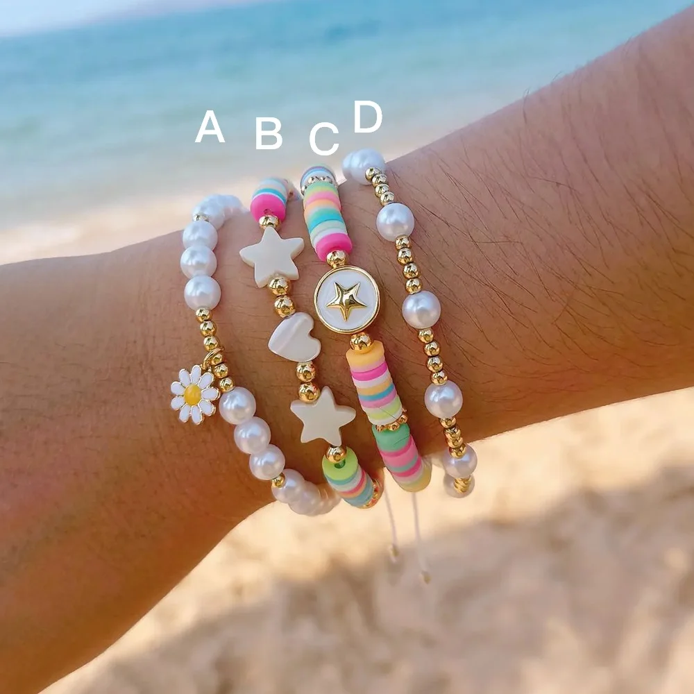 Go2boho-pulsera de cuentas de playa para mujer, conjuntos de joyas Heishi, encanto de concha, estrella, corazón, Margarita, cuentas chapadas en oro, Perla de imitación