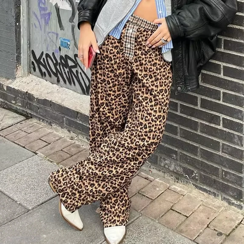 

Y2K Boyfriend Trousers Leopard Print High Waist Long Pants Retro Women Chic Fashion Wide Leg Pants Vintage Grunge Streetwear