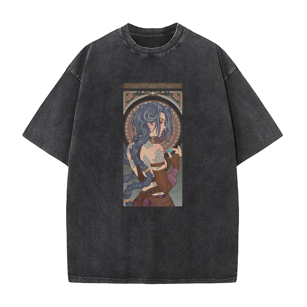 Hot Anime Arcane Jinx Graphic Printed Tee Men Women Aesthetic Trendy Tshirts Washed Cotton T-shirt Harajuku Male Casual T Shirt