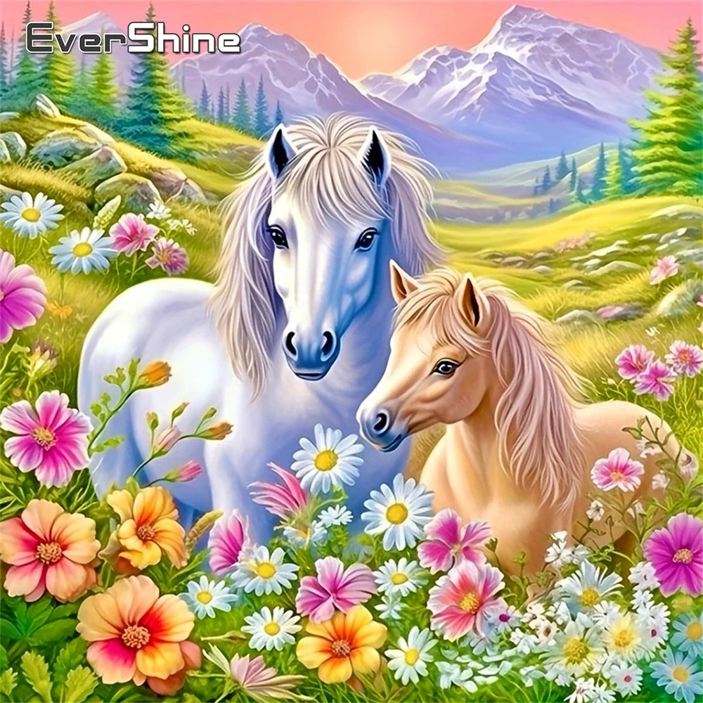 Evershine Diamant-Mosaik Pferd Stickerei Tier Vollbesetztes Strass-Bild Diamantmalerei Gänseblümchen 5D DIY Deko für Zuhause