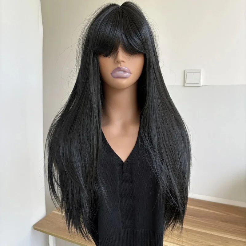 

Long Straight Black Women Heat Human Hair Natural Cosplay Wigs With Bangs