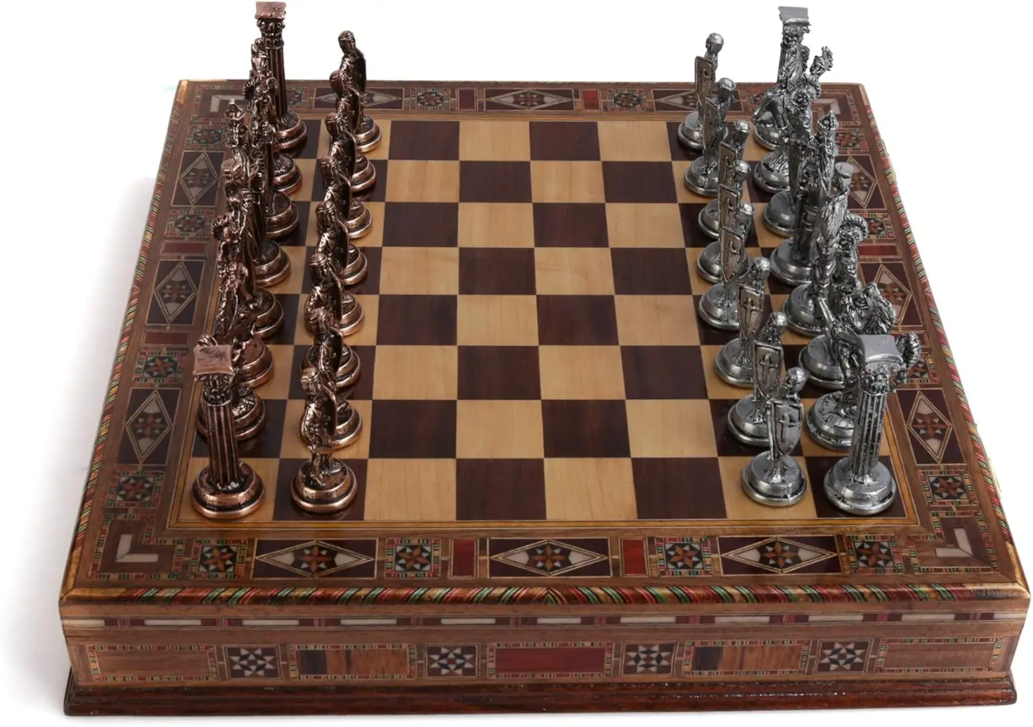 British Army Antique Copper Metal Chess Set for Adults,Handmade Pieces and Natural Solid Wooden Chess Board with Storag